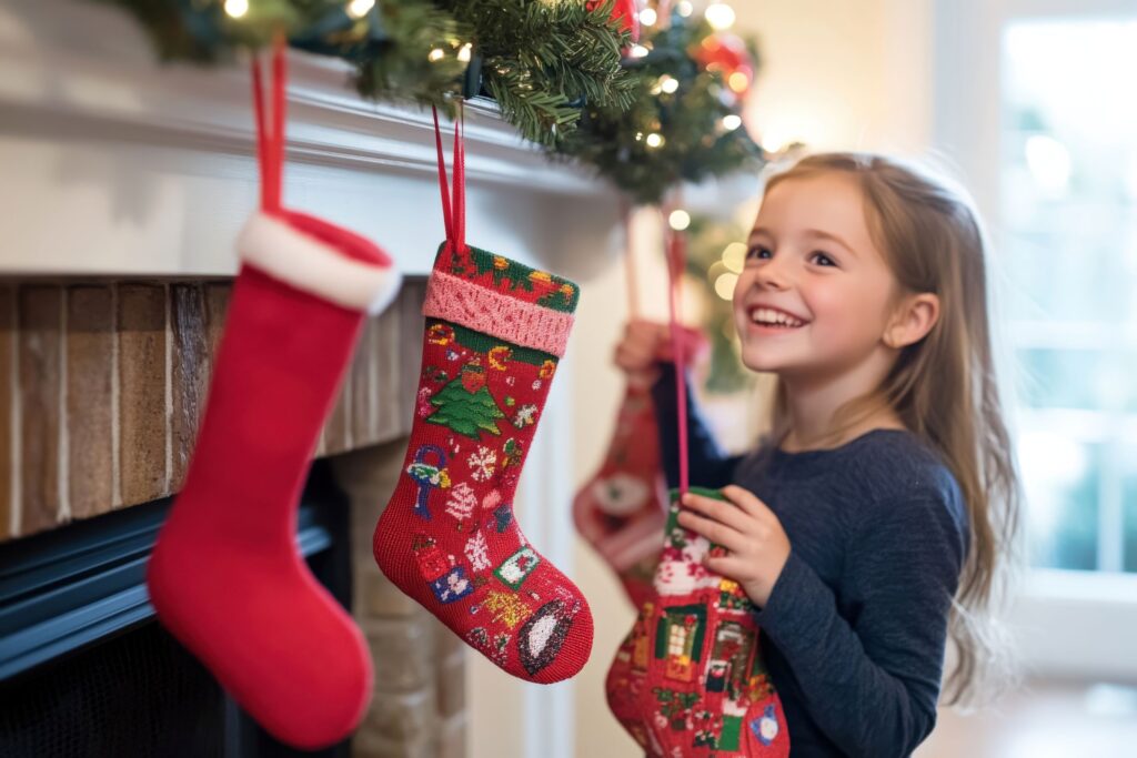 Little girl in blue shirt hanging her stocking on the mantle